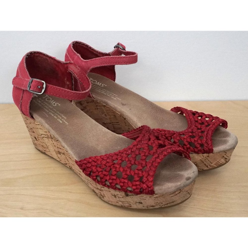 TOMS Red Pink Crochet Leather Ankle Cork Wedge Heels Shoes Size 6.5
